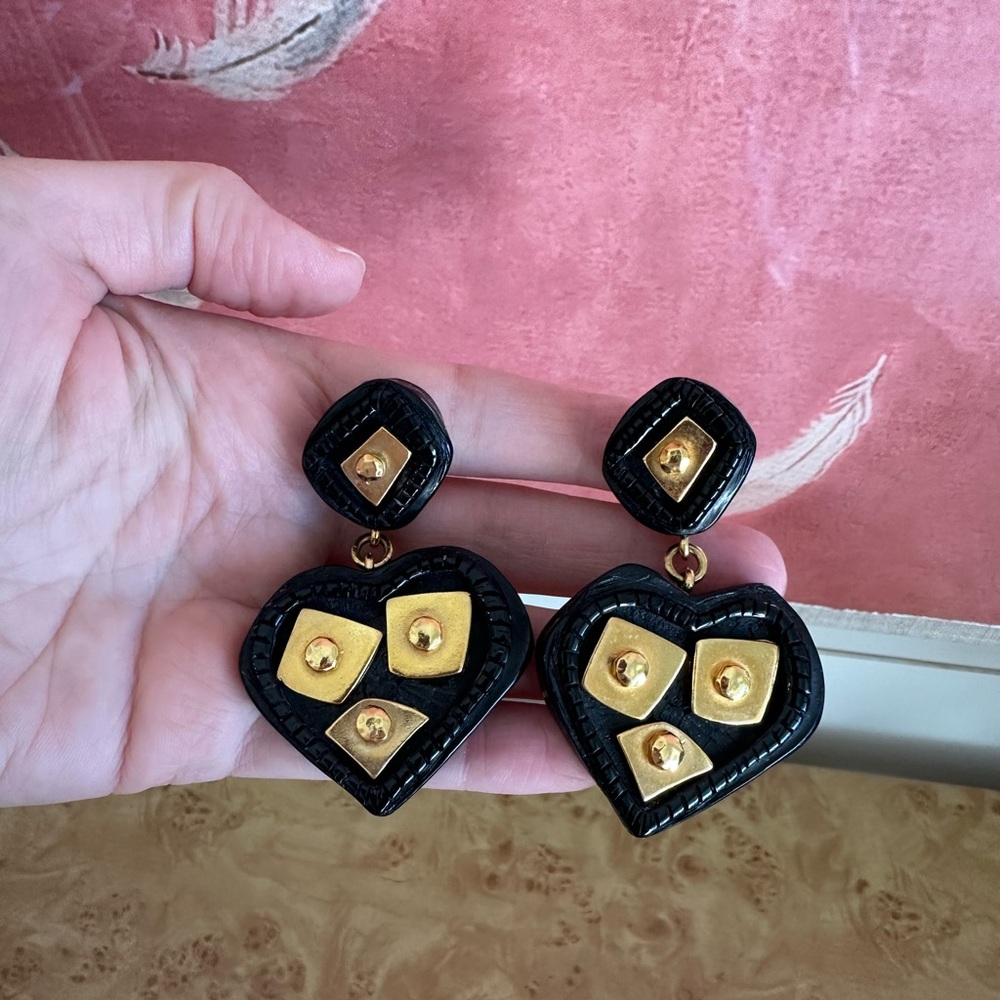 Vintage Christian Lacroix Black and Gold Heart Clip On Earrings